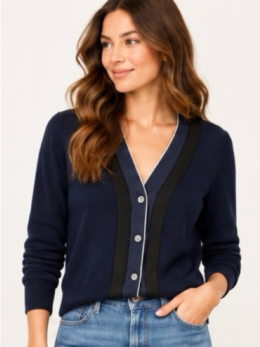 J.Crew 100% Merino Wool Tipped Cardigan Sweater Navy Black Size S
